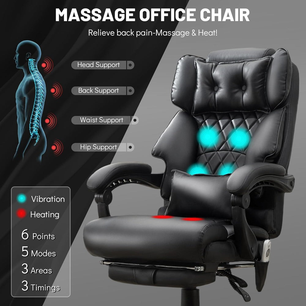 Executive Office 6-Point Massage Chair - 500LBS Capacity, Heated, Foot Rest, Big and Tall